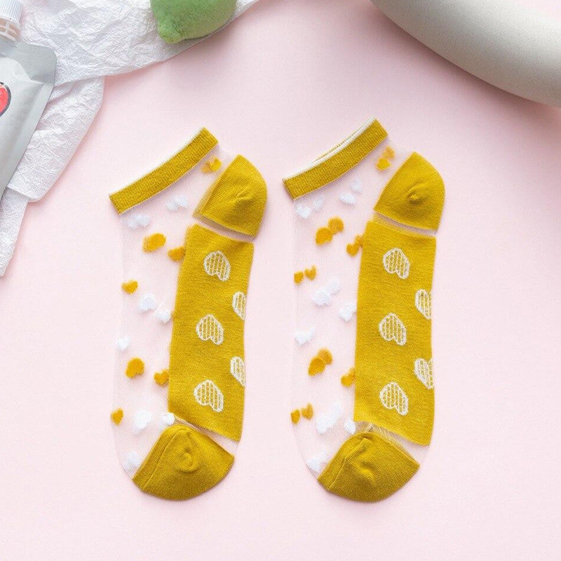 Cotton Lace Transparent Love print Mesh Ankle Socks for Women - Yellow